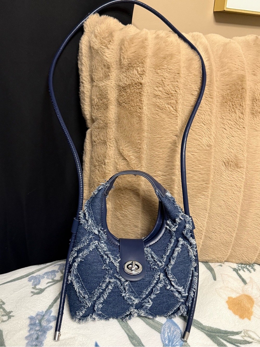 Y2K Distressed Frayed Denim Mini Bag /Quilted Patchwork Turnlock Crossbody